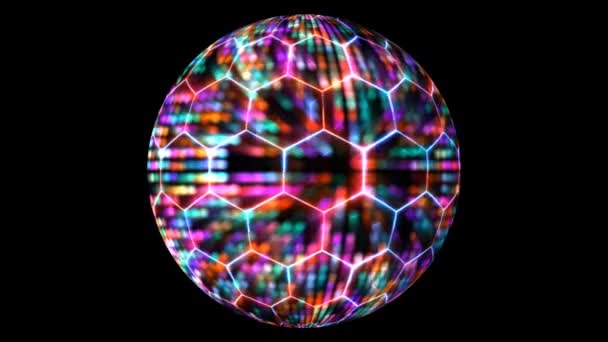 Hexagon futuristische technologie op bol bol visualisatie golf digitale oppervlakte achtergrond, animatie abstracte regenboog vlek licht deeltjes patroon golfvorm oscillatie — Stockvideo