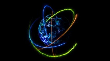 Atomu sonsuz turuncu ateş yeşil doğa ve mavi gök gürültüsü enerjisiyle hareket eden gelecekteki zeki dijital çekirdek güvenliği.