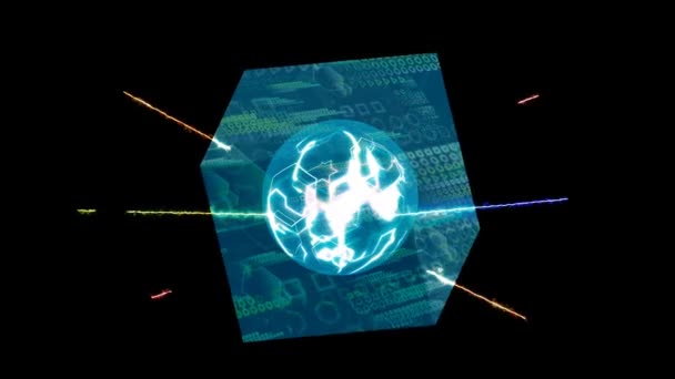 Computador quântico no cubo tecnologia futurista camada digital dimensão processo holográfico e análise para big data e abstrato laranja zona polígono fundo — Vídeo de Stock