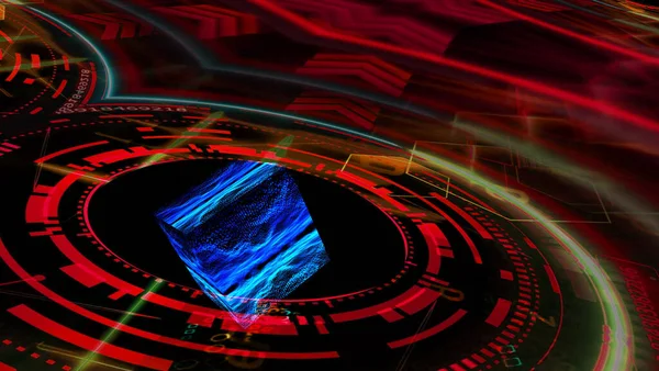 Quantenfuturistischer Technologie Computer Mit Digitaler Würfelreflexion Abstrakte Dunkle Wellenform Punktlichtschwingung — Stockfoto