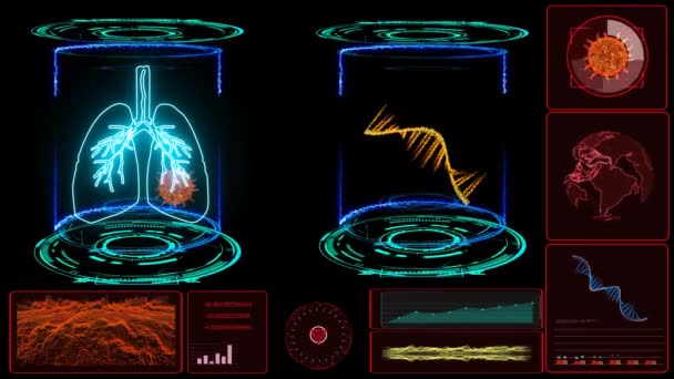 MRNA na simulaci počítačové digitální laboratoři dvě kapsle s laserově zeleným a kruhovým průzkumem blesků a analýzou na ochranu mutace COVID 19 — Stock video