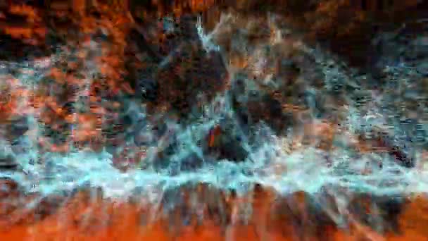 Abstrato ciano e laranja milhões de partículas padrão onda oscilação movimento rápido, visualização onda tecnologia superfície digital — Vídeo de Stock