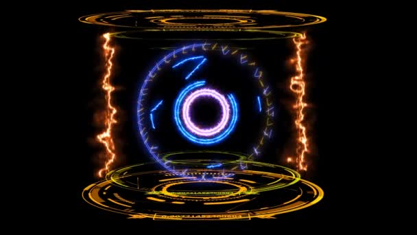 Magische vlamcirkel krachtige blauwe energie bliksemschicht met nevelring in digitale laboratoriumcapsule met laservlam — Stockvideo