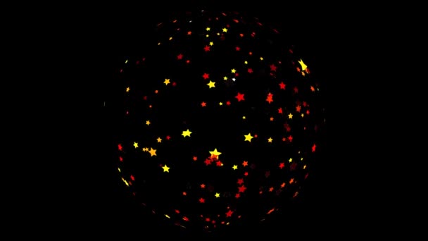 Millions d'étoiles rouge jaune orange couleur roulement et rotation dans la boule de sphère sur écran noir — Video