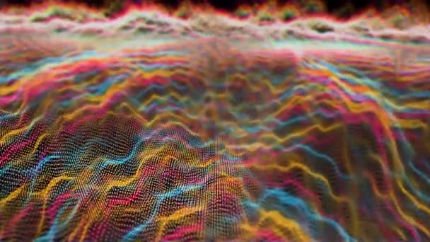 Línea abstracta futurista rojo amarillo aqua elemento bolas oscilación de forma de onda, visualización tecnología de ondas superficie digital con partículas estrellas — Vídeo de stock