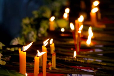 Sıcak mum ışığı, karanlık bir zemin üzerinde hafifçe titreyerek dingin bir tören ortamında sunulan sunumları aydınlatır, gelenek ve ruhaniliğin özünü yakalar..