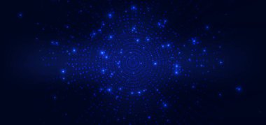 Abstract blue dotted glowing circles on dark background. Hi speed communication data concept. Vector illustration