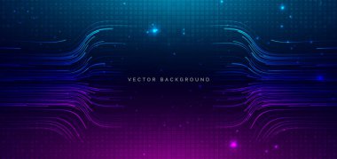 Ağ bağlantısı hızını koyu arkaplanda mavi ve pembeye bağlayan teknolojik dijital veri. Vektör illüstrasyonu