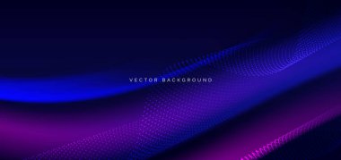 Abstract blue and pink curve ray with wave particle glowing decor on dark background. Futuristic technology data communication science concept. Vector illustration