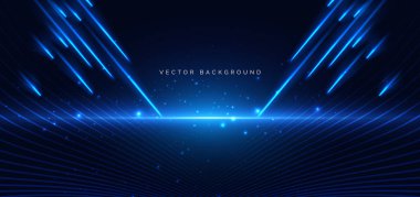 Koyu arka planda parlayan köşegen mavi ışığı olan sahne mavisi. Teknoloji yüksek hız hareket konsepti. Vektör illüstrasyonu