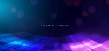 Bokeh dekorlu koyu mavi arka planda soyut geometrik çizgiler hızlanır. Vektör illüstrasyonu