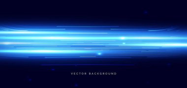 Koyu arkaplanda ışıldayan ışık efektiyle mavi ışın yatay. Teknoloji yüksek hız kavramı. Vektör illüstrasyonu