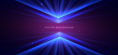 Fütürist üçgen dikey mavi ışık efekti ve mor arka planda ışıltı. Teknoloji veri iletişimi kavramı. Vektör illüstrasyonu