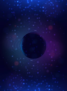 Fütürist mavi ve mor daire çizgileri. Işıklandırma efekti koyu arkaplanda parıldıyor. Ürün tasarım konsepti için poster. Vektör illüstrasyonu