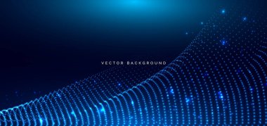 Koyu arkaplanda parlak dalga çizgileri olan gelecekçi parçacık mavisi. Teknoloji verileri, muksic şarkı konsepti geçmişi. Vektör illüstrasyonu