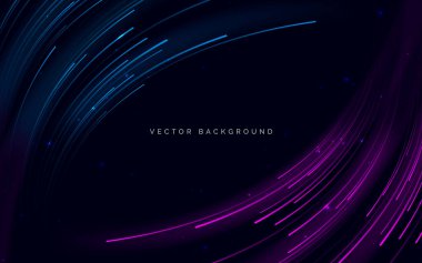 Soyut eğri çizgileri koyu arkaplanda mavi ve pembe parlıyor. Hızlı hareket kavramı. Vektör illüstrasyonu