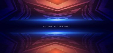 Teknoloji okunun portakalı, şebeke dekoru ve koyu arkaplanda mavi ışıklandırma efektiyle parlıyor. Gelecekçi teknoloji geçmişi. Vektör illüstrasyonu