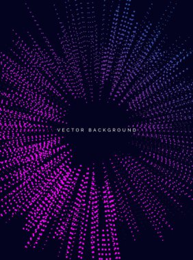 Soyut neon mavi ve mor ışık eğrisi koyu arkaplanda parlayan nokta deseni. Ürün tasarım konsepti için poster. Vektör illüstrasyonu