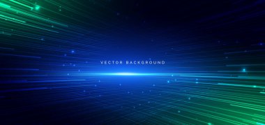 Mavi ve yeşil arkaplanda köşegen şeklinde parlayan çizgiler. Teknoloji veri internet ağı kavramı. Vektör illüstrasyonu