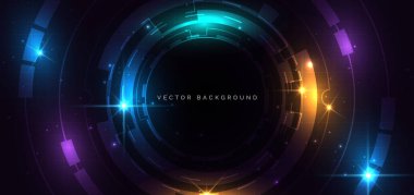 Koyu arkaplanda parlayan çok renkli ışıklandırma teknolojisi çember elementi. Gelecekteki teknoloji konsepti. Vektör illüstrasyonu