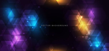 Karanlık arka planda parlayan çok renkli ışıklandırma teknolojisi altıgen elemanı. Gelecekteki teknoloji konsepti. Vektör illüstrasyonu