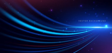 Lacivert arka planda soyut mavi eğri çizgileri teknolojisi. Yüksek hızlı hareket kavramı. Vektör illüstrasyonu