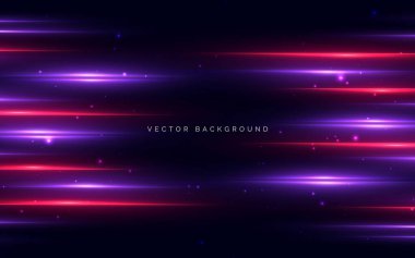 Soyut ışın mor ve kırmızı yatay ve koyu arkaplan üzerinde ışık etkisi var. Teknoloji hızı, veri ağı, iletişim lifi. Vektör illüstrasyonu