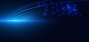 Çizgiler koyu arkaplanda ışık efektiyle parlıyor. Fiber optik ağ teknolojisi kavramı. Vektör illüstrasyonu