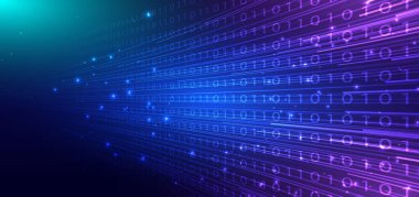 Koyu mavi arkaplanda eğri çizgileri olan ikili kod. Teknoloji dijital güvenli veri iletişimi kavramı. Vektör illüstrasyonu