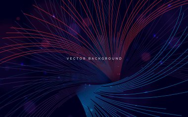 Soyut eğri çizgileri koyu arkaplanda mavi ve kırmızı parlıyor. Teknoloji dijital veri iletişimi kavramı. Vektör illüstrasyonu
