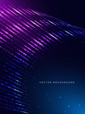 Soyut neon mavi ve mor ışık koyu arkaplanda parlayan eğri kare desen. Ürün tasarım konsepti için poster. Vektör illüstrasyonu