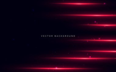 Soyut ışın kırmızı yatay ve koyu arkaplanda ışık efekti var. Teknoloji hızı, veri ağı, iletişim lifi. Vektör illüstrasyonu