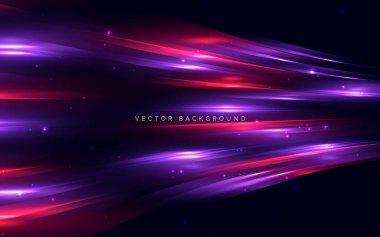 Soyut ışın mor ve kırmızı yatay ve koyu arkaplan üzerinde ışık etkisi var. Teknoloji hızı, veri ağı, iletişim lifi. Vektör illüstrasyonu