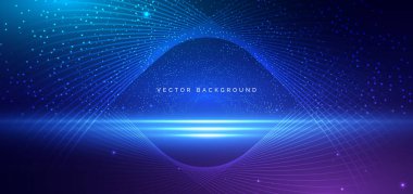 Koyu mavi arka planda ışık efektli Hi tech blue wave line element. Teknoloji fütüristik konsepti. Vektör illüstrasyonu