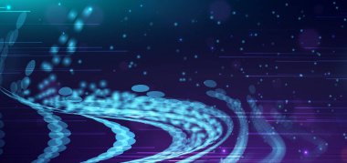 Koyu mavi arkaplanda ışık efektli mavi dalga elemanı. Teknoloji fütüristik konsepti. Vektör illüstrasyonu