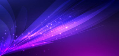 Parlayan parçacıklarla dinamik neon ışık çizgileri ve mor arkaplanda pürüzsüz gradyan içeren soyut fütüristik arkaplan. Vektör illüstrasyonu