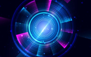 Siyah arkaplanda mavi ve pembe ışık demetlerini daire içine al. Gelecekçi teknoloji hızlı hareket konsepti. Vektör illüstrasyonu