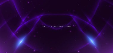 Zarif soyut arka plan, mor ve mor renkli neon dalgalar, parlayan ışık parlamaları ve ışıldayan parçacıklarla birleşmiş. Vektör