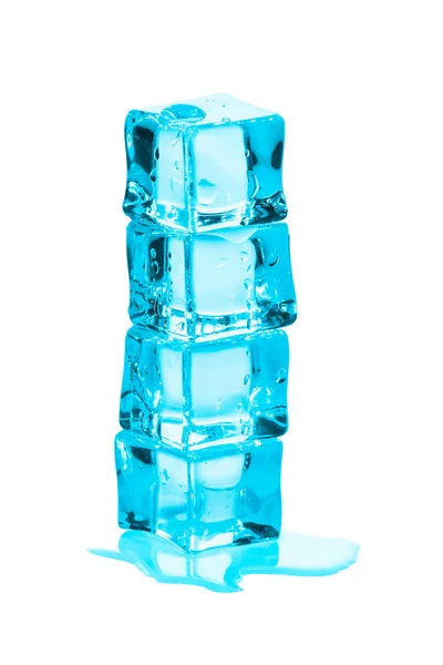 The column of blue melting ice cubes. Isolated on a white backgr — 스톡 사진