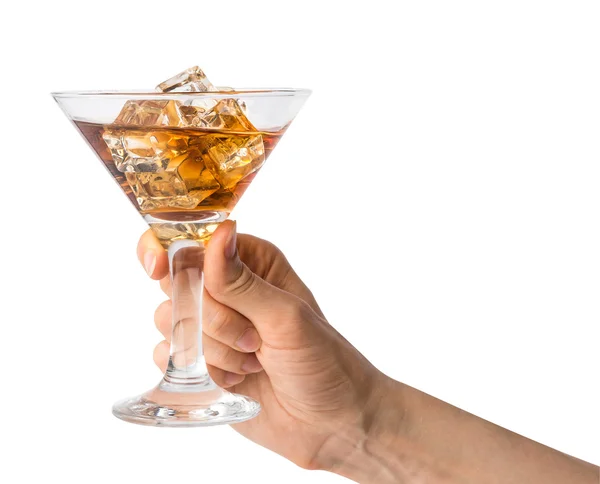 The concept of hand holding a glass beaker with alcohol drink wi — Stock Photo, Image