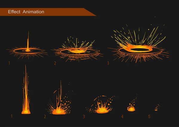 Efecto vectorial. Efecto para el juego. Animación de efectos explosivos. Marcos de explosión de dibujos animados — Archivo Imágenes Vectoriales