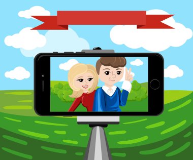 selfie için sopa. Monopod Selfie çekimleri karikatür vektör illüstrasyon. Genç çift kendi portresini yapıyor. 