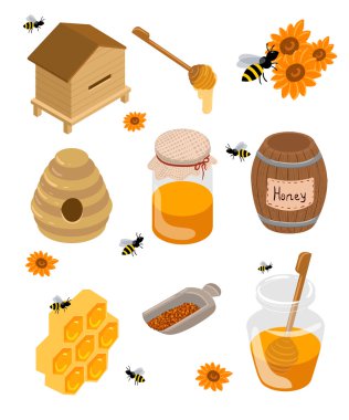Isometric apiary set. Apiary vector illustration Honey bank vector illustrations Bee, honey, honey bank, honeycomb.