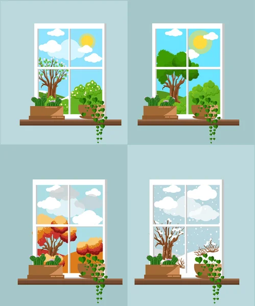 Ventana en estilo plano Ventanas planas vectoriales con paisaje. Ciudad y rascacielos, bosque — Archivo Imágenes Vectoriales