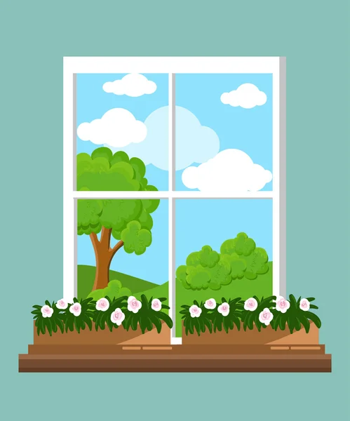 Fönster i lägenheten stil vektor platt fönster med landskap. Staden och skyskrapan, skog — Stock vektor