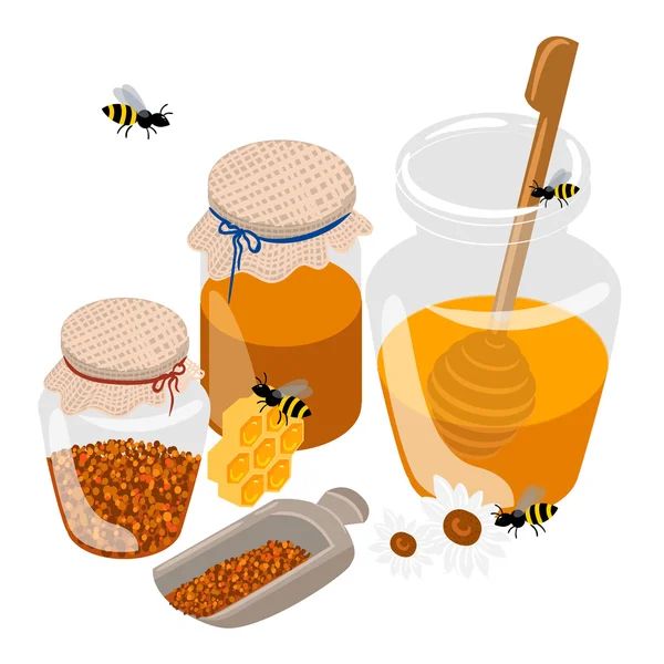 Isometric apiary set. Apiary vector illustration Honey bank vector illustrations Bee, honey, honey bank, honeycomb. — Wektor stockowy