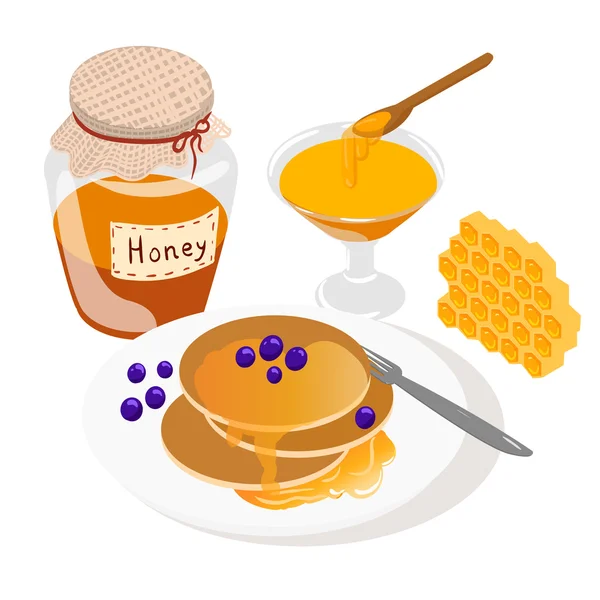 Isometric apiary set. Apiary vector illustration Honey bank vector illustrations Bee, honey, honey bank, honeycomb. — Wektor stockowy