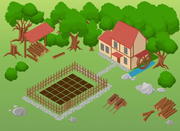 Isometrisk gård. Element för spel. Jordbruks element. Trädgård detaljerad illustration av en isometrisk Farm Farm Toy Blocks modellering — Stock vektor