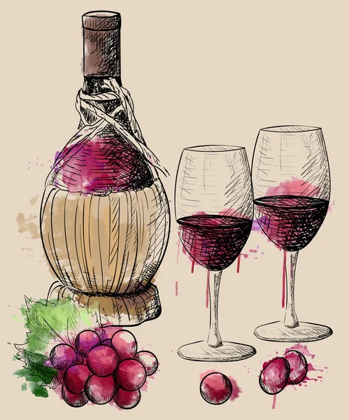 Colección de vinos. Ilustración vectorial con barril de vino, copa de vino, uvas, rama de uva. . — Vector de stock