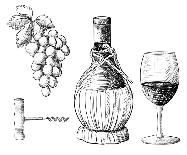 Colección de vinos. Ilustración vectorial con barril de vino, copa de vino, uvas, rama de uva. . — Vector de stock